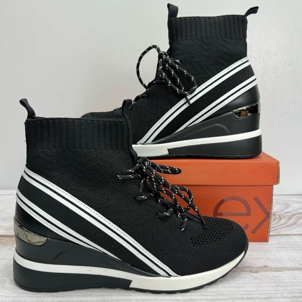 exe Black & White Mesh Sock High Top Lace Up Wedge Heel Sneakers NEW